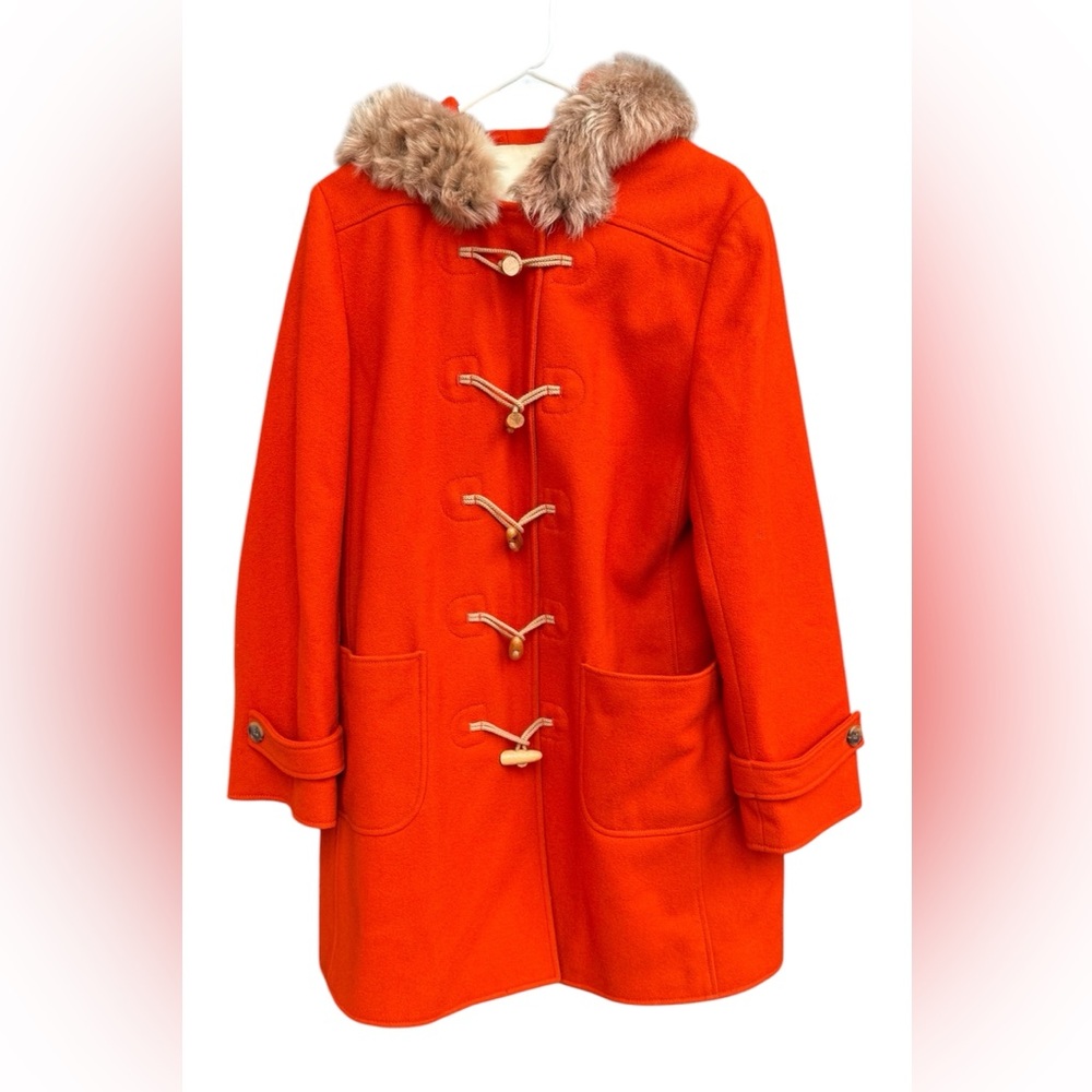 J Crew Stadium Wool Blend Toggle Duffle Coat Orange with Faux Fur Trimmed Hood